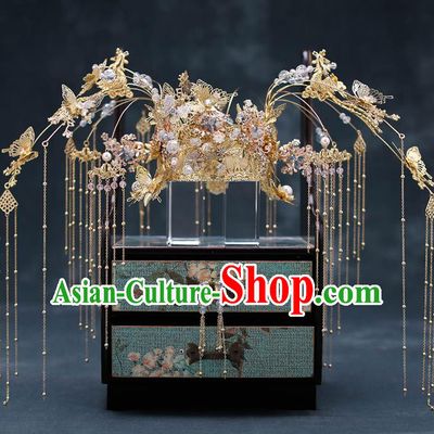 Top Chinese Traditional Bride Golden Butterfly Tassel Phoenix Coronet Handmade Wedding Tassel Hairpins Hair Accessories Complete Set