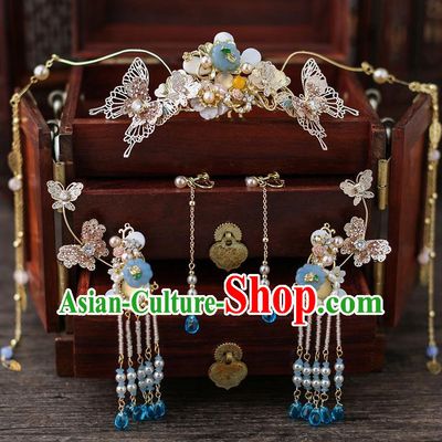 Top Chinese Traditional Bride Tassel Hair Crown Handmade Hairpins Wedding Hair Accessories Complete Set
