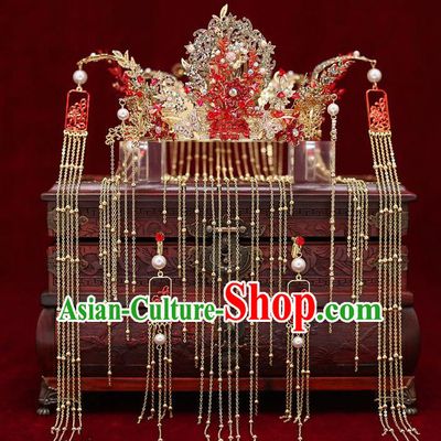 Top Chinese Traditional Bride Phoenix Coronet Handmade Hairpins Wedding Hair Accessories Complete Set