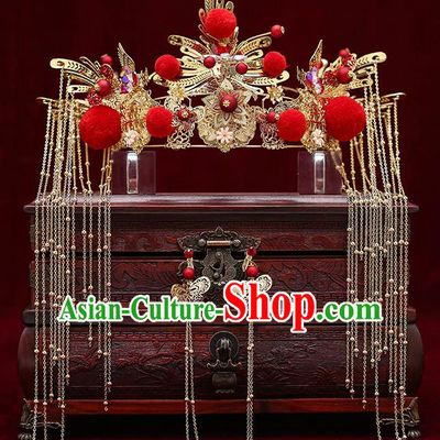 Top Chinese Traditional Bride Red Venonat Tassel Phoenix Coronet Handmade Wedding Tassel Hairpins Hair Accessories Complete Set