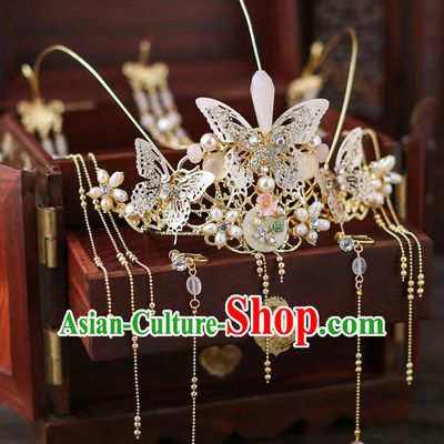 Top Chinese Traditional Bride Butterfly Tassel Hair Crown Handmade Hairpins Wedding Hair Accessories Complete Set