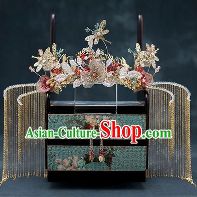 Top Chinese Traditional Bride Tassel Hair Crown Handmade Hairpins Wedding Hair Accessories Complete Set