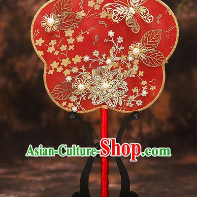 Chinese Traditional Wedding Prop Red Silk Plum Fan Ancient Bride Palace Fans for Women