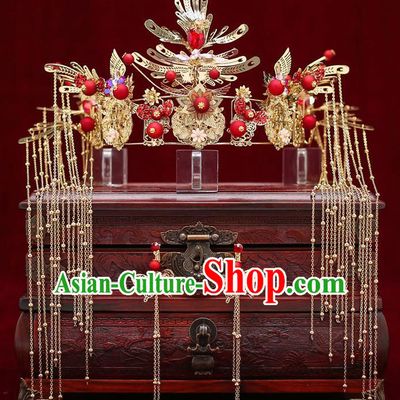 Top Chinese Traditional Bride Red Beads Tassel Phoenix Coronet Handmade Wedding Tassel Hairpins Hair Accessories Complete Set