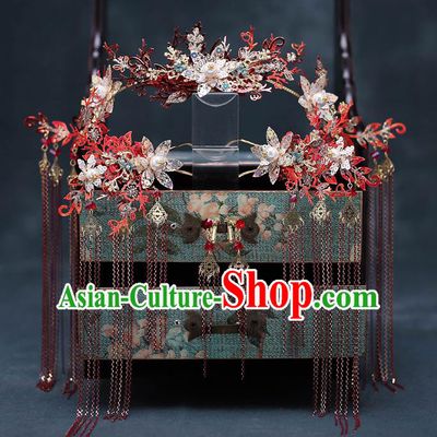 Top Chinese Traditional Bride Red Tassel Flowers Phoenix Coronet Handmade Wedding Tassel Hairpins Hair Accessories Complete Set