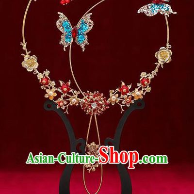 Chinese Traditional Wedding Prop Blue Crystal Butterfly Round Fan Ancient Bride Palace Fans for Women