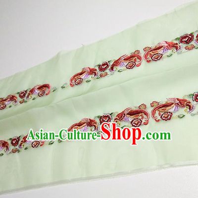 Asian Chinese Traditional Embroidered Phoenix Peony Pattern Design Light Green Silk Fabric China Hanfu Silk Material