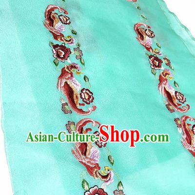 Asian Chinese Traditional Embroidered Phoenix Peony Pattern Design Green Silk Fabric China Hanfu Silk Material
