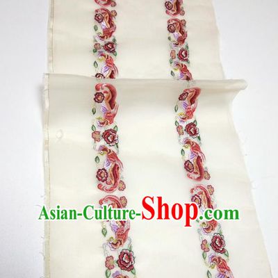 Asian Chinese Traditional Embroidered Phoenix Peony Pattern Design Beige Silk Fabric China Hanfu Silk Material