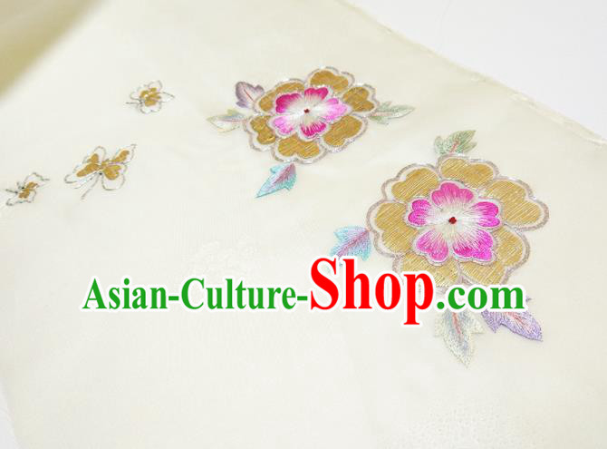 Asian Chinese Traditional Embroidered Flowers Pattern Design Beige Silk Fabric China Hanfu Silk Material Asian Chinese Traditional Embroidered Flowers Pattern Design Beige Silk Fabric China Hanfu Silk Material