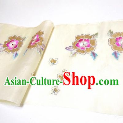 Asian Chinese Traditional Embroidered Flowers Pattern Design Beige Silk Fabric China Hanfu Silk Material