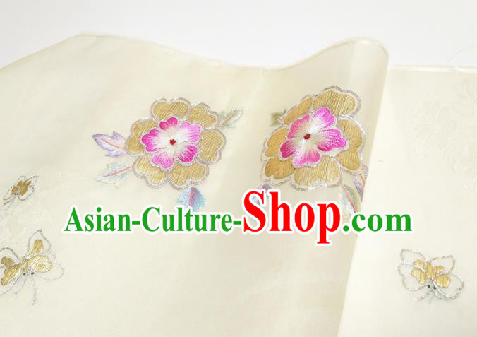 Asian Chinese Traditional Embroidered Flowers Pattern Design Beige Silk Fabric China Hanfu Silk Material Asian Chinese Traditional Embroidered Flowers Pattern Design Beige Silk Fabric China Hanfu Silk Material