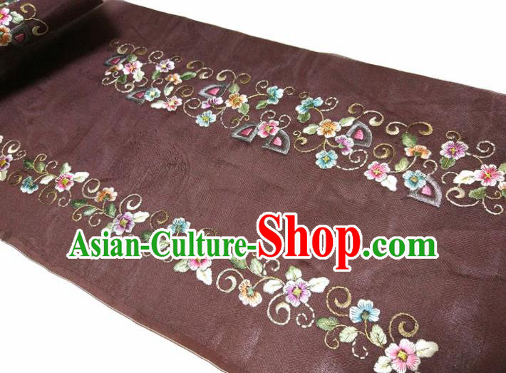 Asian Chinese Traditional Embroidered Flowers Pattern Design Brown Silk Fabric China Hanfu Silk Material Asian Chinese Traditional Embroidered Flowers Pattern Design Brown Silk Fabric China Hanfu Silk Material
