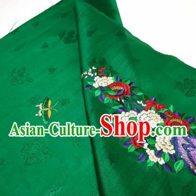 Asian Chinese Traditional Embroidered Peony Butterfly Pattern Design Green Silk Fabric China Hanfu Silk Material