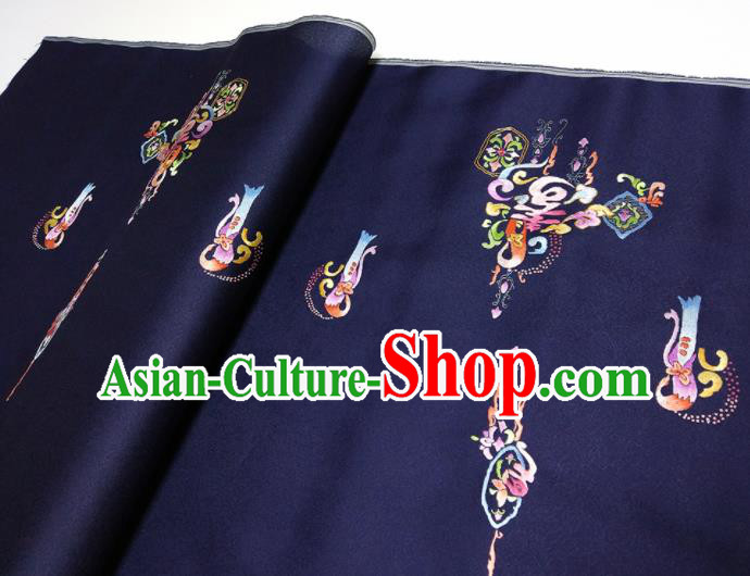 Asian Chinese Traditional Embroidered Longevity Pattern Design Navy Silk Fabric China Hanfu Silk Material Asian Chinese Traditional Embroidered Longevity Pattern Design Navy Silk Fabric China Hanfu Silk Material