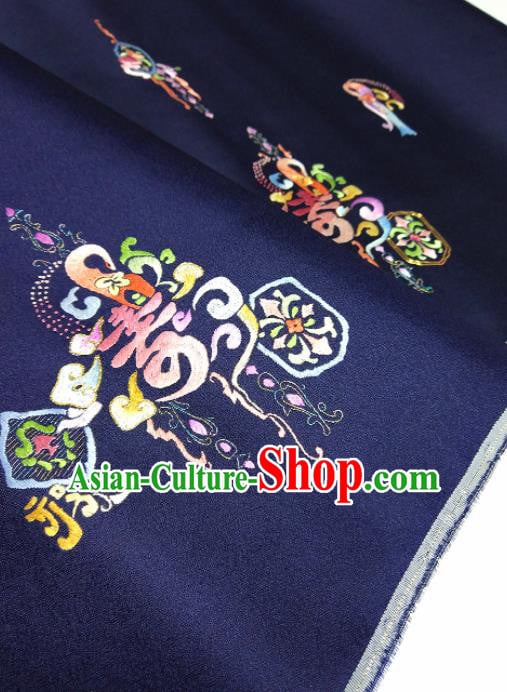 Asian Chinese Traditional Embroidered Longevity Pattern Design Navy Silk Fabric China Hanfu Silk Material Asian Chinese Traditional Embroidered Longevity Pattern Design Navy Silk Fabric China Hanfu Silk Material