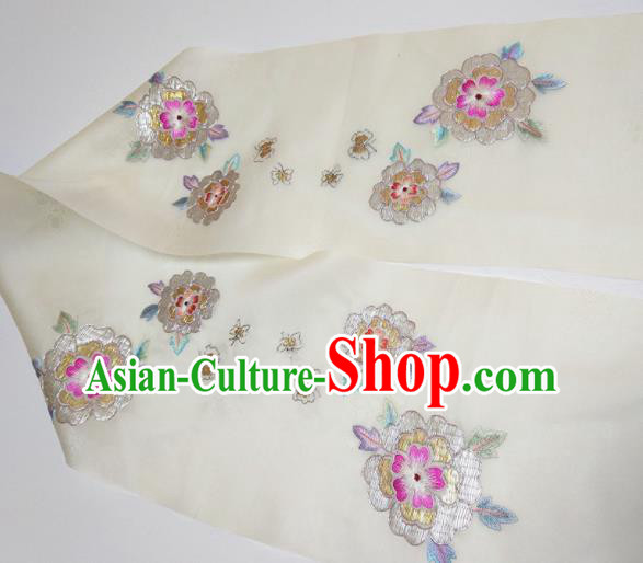 Asian Chinese Traditional Embroidered Camellia Pattern Design White Silk Fabric China Hanfu Silk Material Asian Chinese Traditional Embroidered Camellia Pattern Design White Silk Fabric China Hanfu Silk Material
