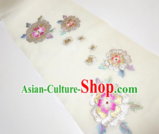 Asian Chinese Traditional Embroidered Camellia Pattern Design White Silk Fabric China Hanfu Silk Material Asian Chinese Traditional Embroidered Camellia Pattern Design White Silk Fabric China Hanfu Silk Material