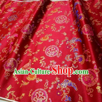 Asian Chinese Traditional Dragon Crane Pattern Design Red Brocade Silk Fabric China Hanfu Satin Material