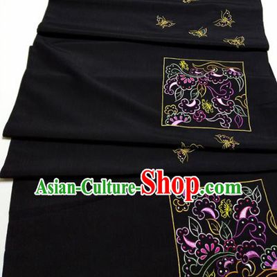 Asian Chinese Traditional Embroidered Butterfly Pattern Design Black Silk Fabric China Hanfu Silk Material