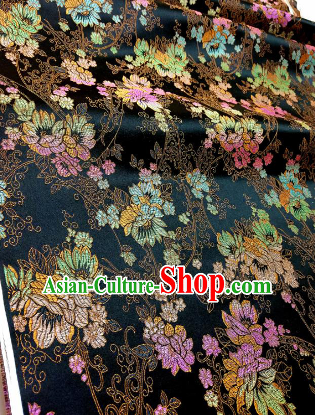 Asian Chinese Traditional Flowers Pattern Design Black Brocade Silk Fabric China Hanfu Satin Material Asian Chinese Traditional Flowers Pattern Design Black Brocade Silk Fabric China Hanfu Satin Material