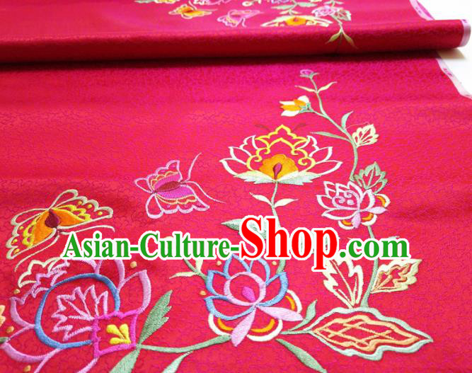 Asian Chinese Traditional Embroidered Flowers Pattern Design Red Silk Fabric China Hanfu Silk Material Asian Chinese Traditional Embroidered Flowers Pattern Design Red Silk Fabric China Hanfu Silk Material