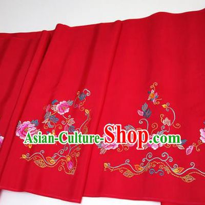 Asian Chinese Traditional Embroidered Peony Pattern Design Red Silk Fabric China Hanfu Silk Material