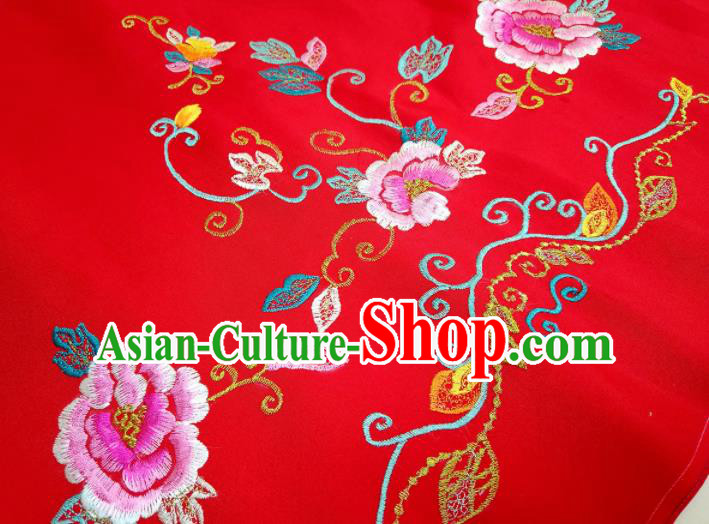 Asian Chinese Traditional Embroidered Peony Pattern Design Red Silk Fabric China Hanfu Silk Material
