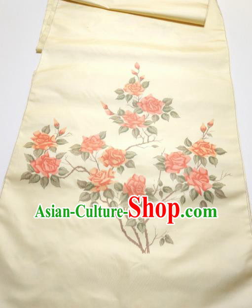Asian Chinese Traditional Roses Pattern Design Yellow Silk Fabric China Hanfu Silk Material Asian Chinese Traditional Roses Pattern Design Yellow Silk Fabric China Hanfu Silk Material