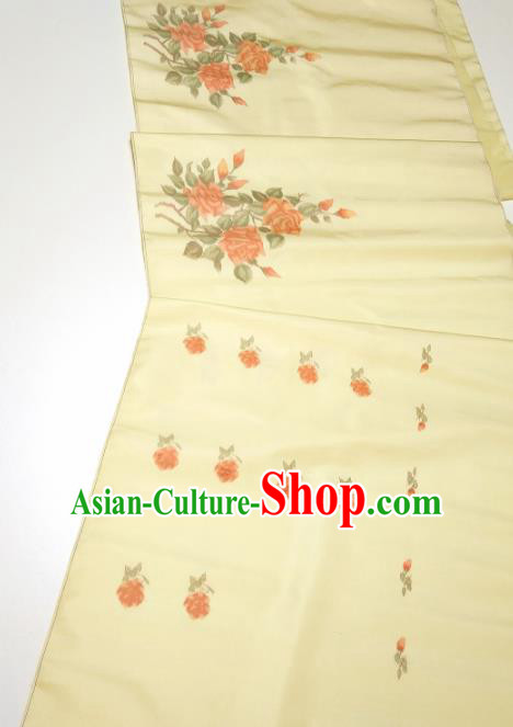 Asian Chinese Traditional Roses Pattern Design Yellow Silk Fabric China Hanfu Silk Material Asian Chinese Traditional Roses Pattern Design Yellow Silk Fabric China Hanfu Silk Material