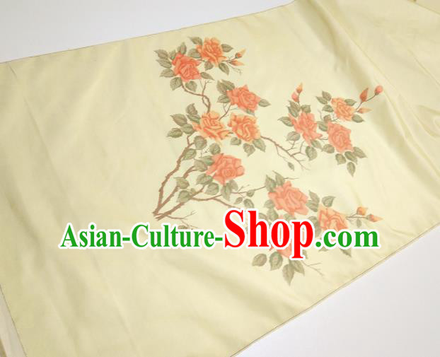 Asian Chinese Traditional Roses Pattern Design Yellow Silk Fabric China Hanfu Silk Material Asian Chinese Traditional Roses Pattern Design Yellow Silk Fabric China Hanfu Silk Material