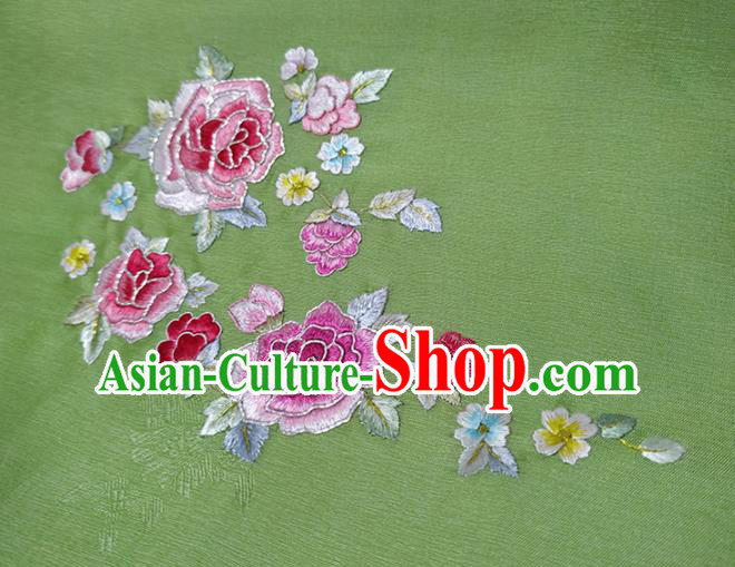 Chinese Traditional Embroidered Roses Pattern Design Green Silk Fabric Asian China Hanfu Silk Material Chinese Traditional Embroidered Roses Pattern Design Green Silk Fabric Asian China Hanfu Silk Material