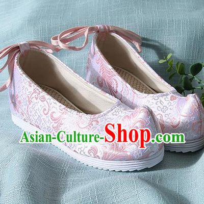Chinese Handmade Pink Brocade Bow Shoes Traditional Ming Dynasty Hanfu Shoes Princess Shoes for Women
