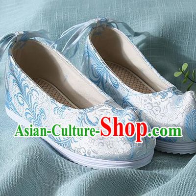 Chinese Handmade Blue Brocade Bow Shoes Traditional Ming Dynasty Hanfu Shoes Princess Shoes for Women