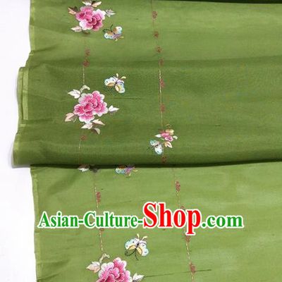 Chinese Traditional Embroidered Peony Pattern Design Olive Green Silk Fabric Asian China Hanfu Silk Material