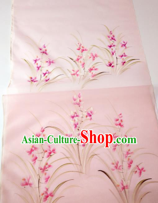 Chinese Traditional Embroidered Orchid Pattern Design Pink Silk Fabric Asian China Hanfu Silk Material