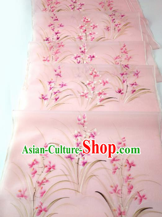 Chinese Traditional Embroidered Orchid Pattern Design Pink Silk Fabric Asian China Hanfu Silk Material
