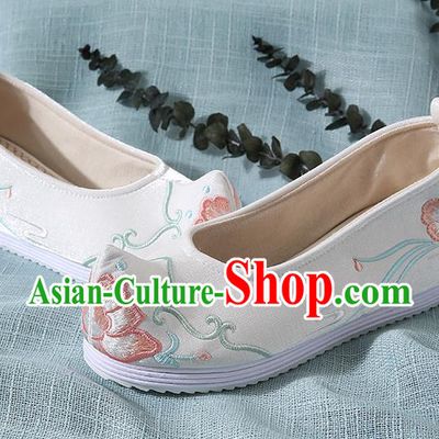 Chinese Handmade White Embroidered Bow Shoes Traditional Ming Dynasty Hanfu Shoes Princess Shoes for Women