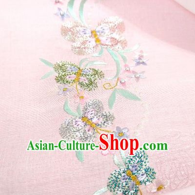 Chinese Traditional Embroidered Butterfly Pattern Design Pink Silk Fabric Asian China Hanfu Silk Material