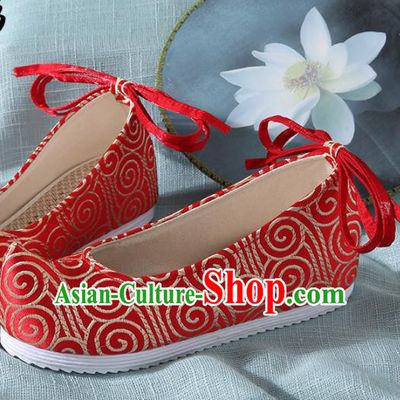 Chinese Handmade Red Brocade Bow Shoes Traditional Ming Dynasty Hanfu Shoes Princess Shoes for Women