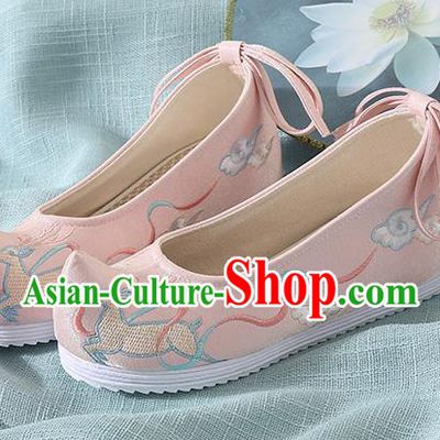 Chinese Handmade Embroidered Deer Pink Bow Shoes Traditional Ming Dynasty Hanfu Shoes Princess Shoes for Women