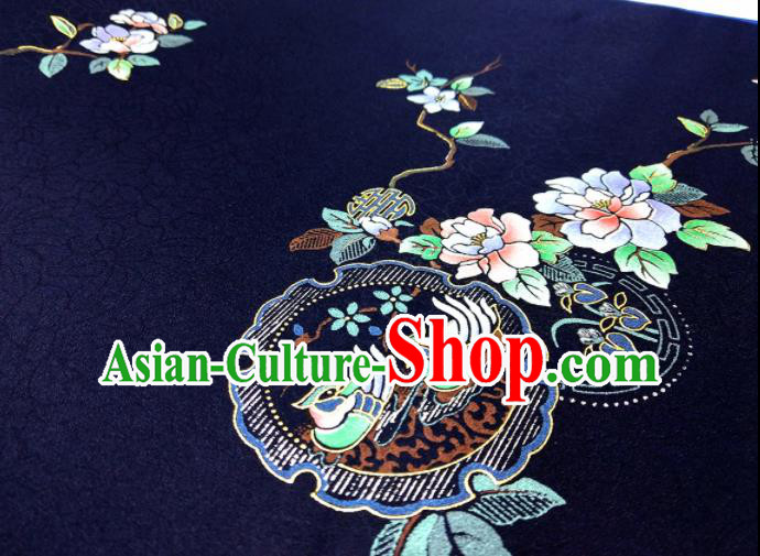 Chinese Traditional Crane Flowers Pattern Design Navy Silk Fabric Asian China Hanfu Silk Material Chinese Traditional Crane Flowers Pattern Design Navy Silk Fabric Asian China Hanfu Silk Material
