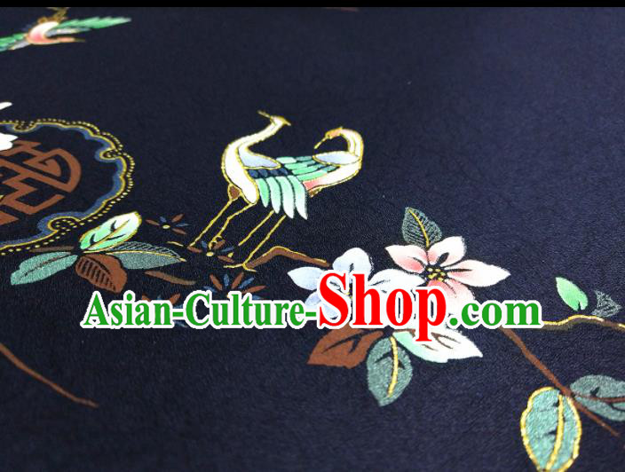 Chinese Traditional Crane Flowers Pattern Design Navy Silk Fabric Asian China Hanfu Silk Material Chinese Traditional Crane Flowers Pattern Design Navy Silk Fabric Asian China Hanfu Silk Material