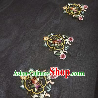 Chinese Traditional Embroidered Flowers Pattern Design Black Silk Fabric Asian China Hanfu Silk Material