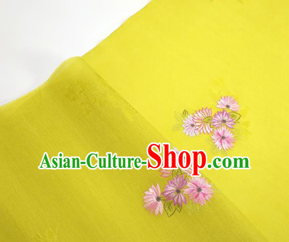 Chinese Traditional Embroidered Chrysanthemum Pattern Design Yellow Silk Fabric Asian China Hanfu Silk Material Chinese Traditional Embroidered Chrysanthemum Pattern Design Yellow Silk Fabric Asian China Hanfu Silk Material