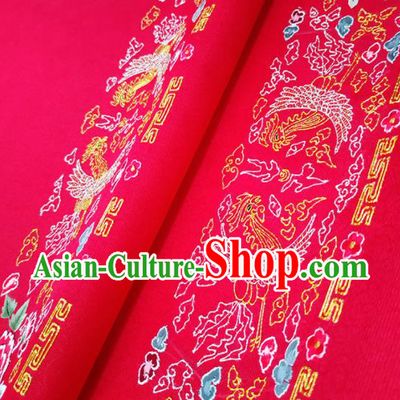 Chinese Traditional Embroidered Phoenix Peony Pattern Design Red Silk Fabric Asian China Hanfu Silk Material