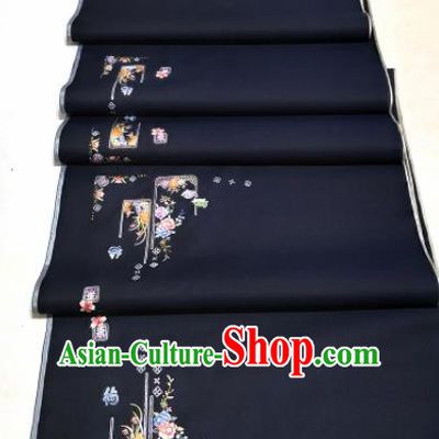 Chinese Traditional Embroidered Tortoise Peony Pattern Design Black Silk Fabric Asian China Hanfu Silk Material