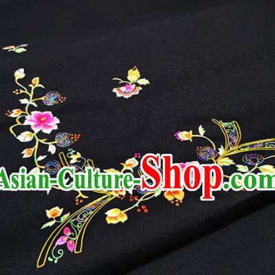Chinese Traditional Embroidered Rosy Flowers Pattern Design Black Silk Fabric Asian China Hanfu Silk Material