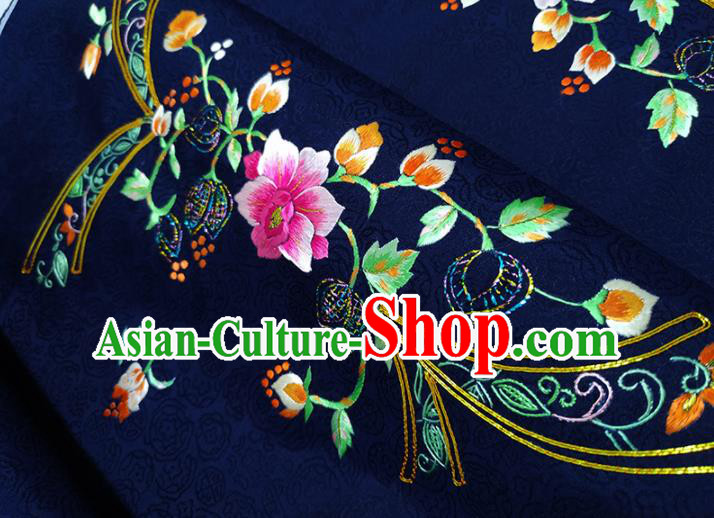 Chinese Traditional Embroidered Flowers Pattern Design Navy Silk Fabric Asian China Hanfu Silk Material Chinese Traditional Embroidered Flowers Pattern Design Navy Silk Fabric Asian China Hanfu Silk Material