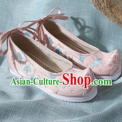 Chinese Handmade Embroidered Twine Flower Pink Bow Shoes Traditional Ming Dynasty Hanfu Shoes Princess Shoes for Women
